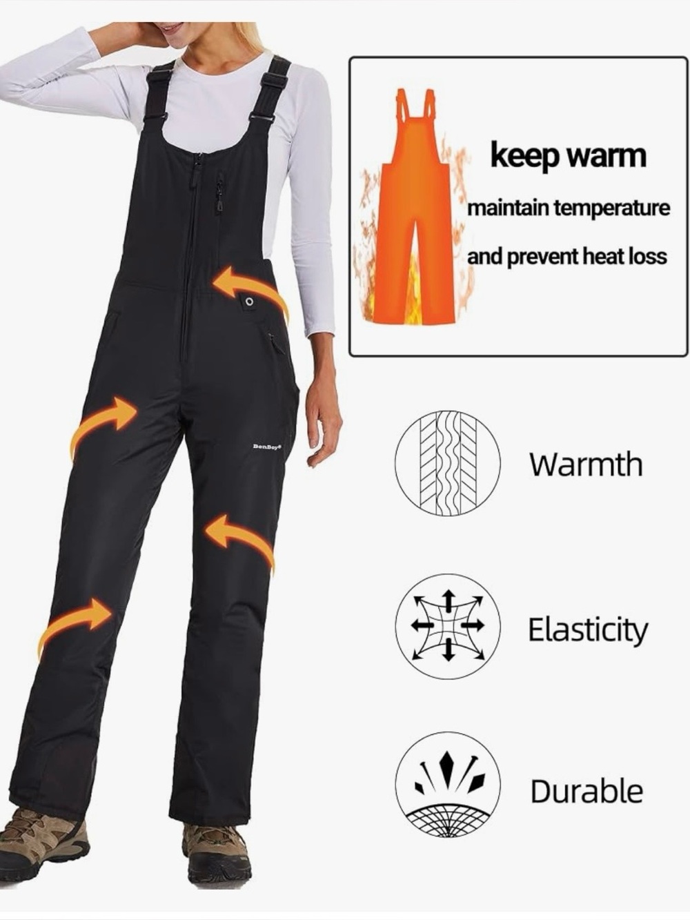 Insulated Black Women's Snow Bib Pants - Warm Elastic Winter Overalls, Size M